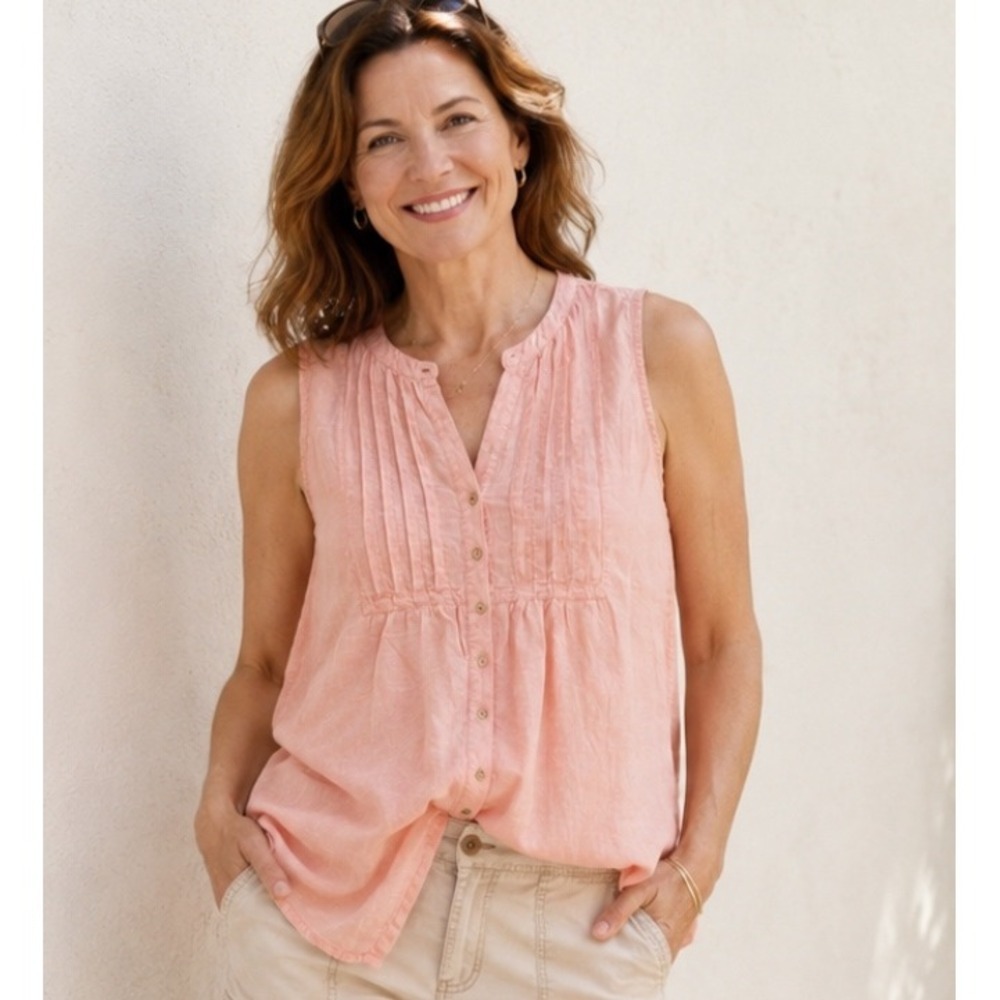 Lands End Peach Pink 100% Linen Sleeveless Button-Up Tunic Boho Top Size 14 EUC
